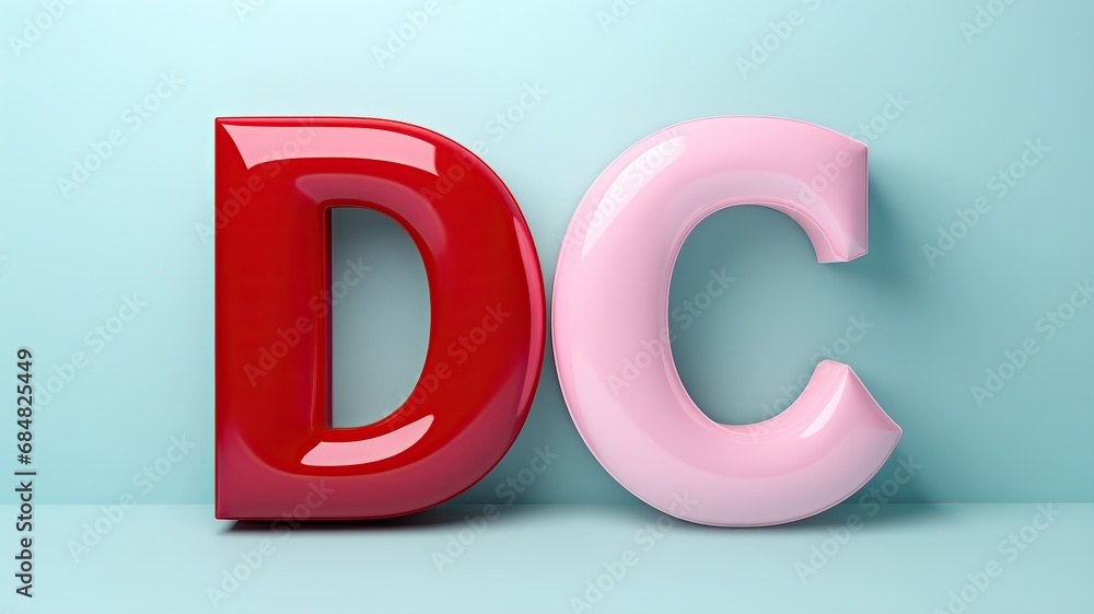 DC palabra escrita con la letra D roja y la C rosa sobre fondo azul pálido, visto de frente, ajusta colores, distrito capital, cartel causa - obrazy, fototapety, plakaty 