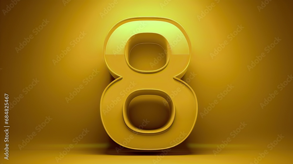 8 ocho número escrito con el 8 amarillo relieve centrado 3D sobre
