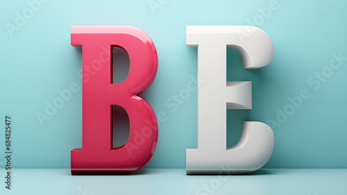 BE palabra escrita con la letra B rosa y la E blanca sobre fondo azul pálido, visto de frente, ajusta colores, ser, estar, declaración, cartel causa