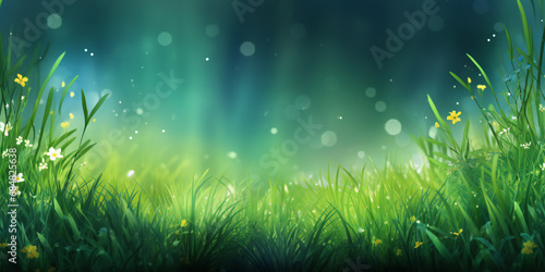Spring background with green grass and flowers, copy space
