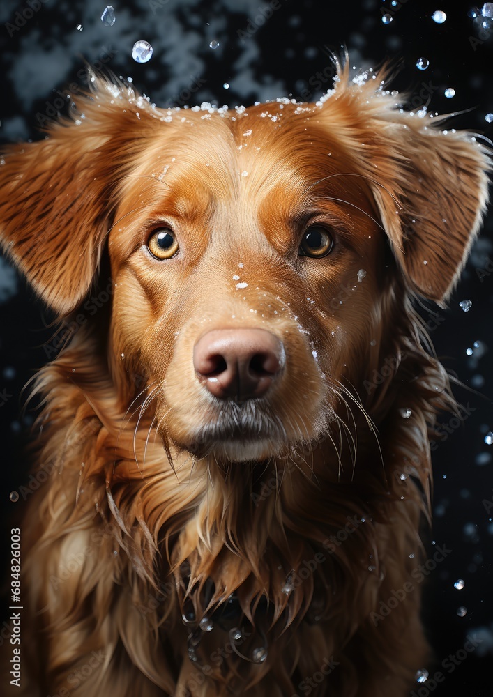 Brown dog sitting in the snow. AI generated.