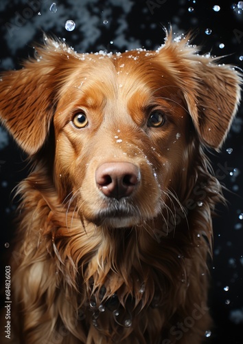Brown dog sitting in the snow. AI generated.