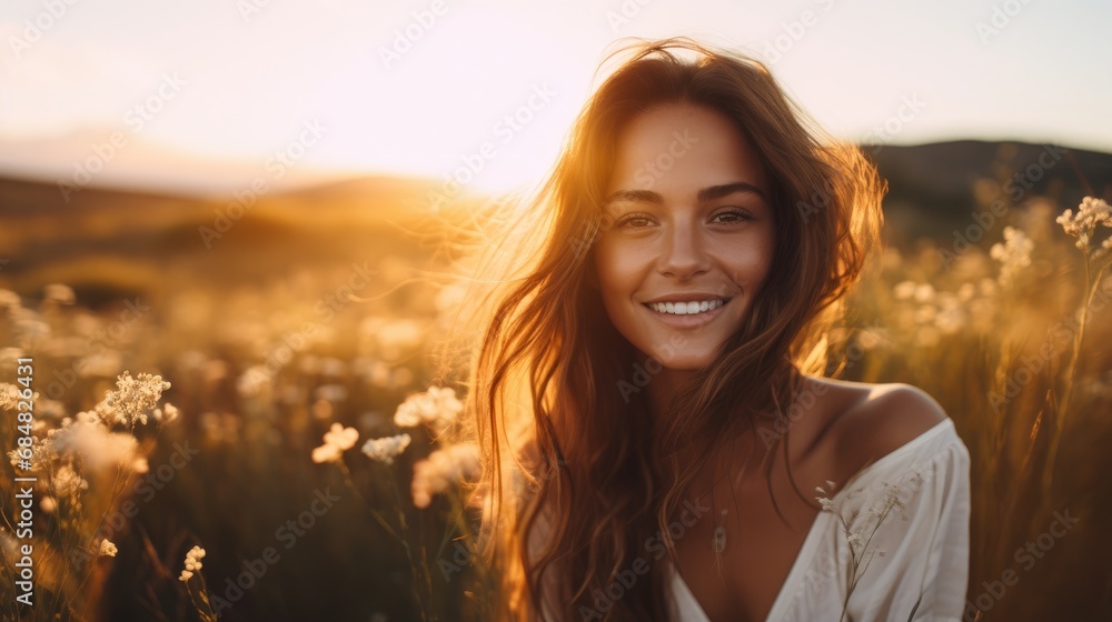 A joyful young woman with long, wavy hair enjoying the golden hour in a blooming field, her smile reflecting the serene beauty of the sunset.