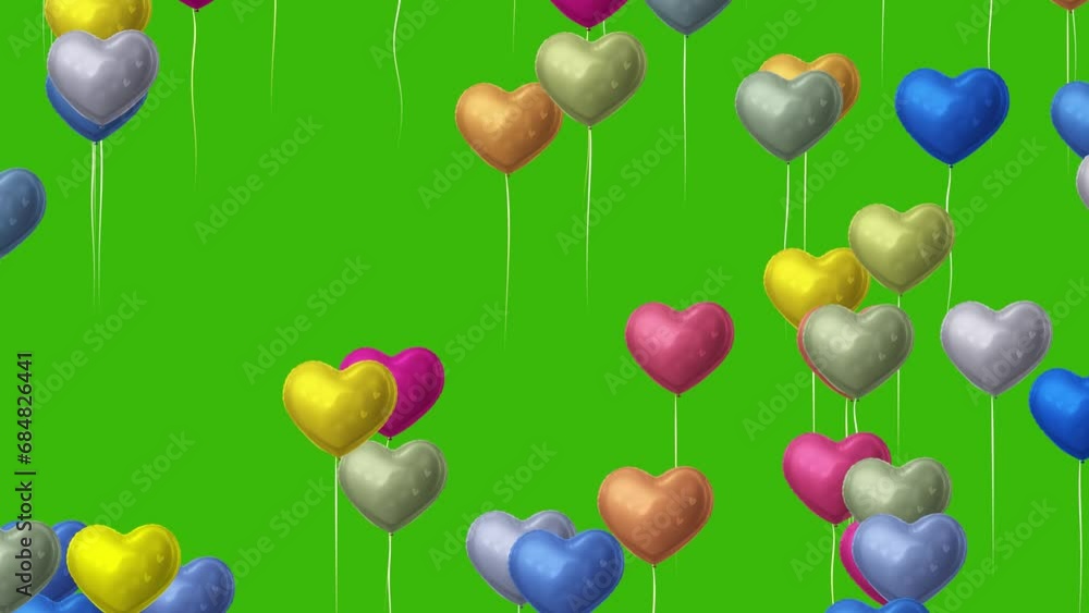 Colorful Heart Shape Birthday Balloon Flying On Green Screen Background