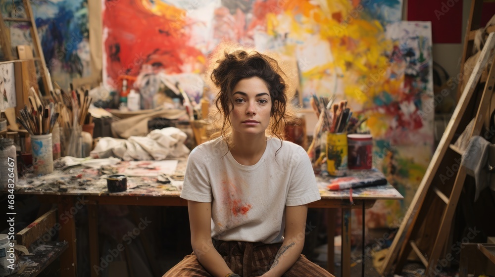 In a vibrant art studio, a young artist with paint on her shirt sits among a chaotic mix of paintings and brushes, her expression reflecting creative fulfillment.