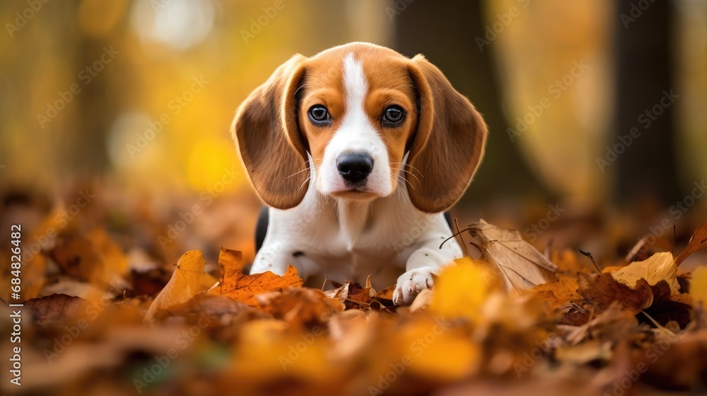 An adorable beagle puppy lies among autumn leaves in the forest, with its big brown eyes and floppy ears capturing the essence of autumnal joy and playfulness.