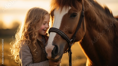 A young girl with curly golden hair gently touching a brown horse's nose, sharing a tender moment during a beautiful sunset in the countryside.
