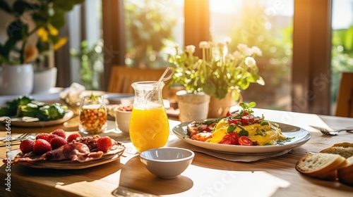 A sumptuous breakfast spread on a wooden table bathed in morning light  featuring fresh orange juice  crispy bacon  strawberries  and a colorful omelet with greens and tomatoes.
