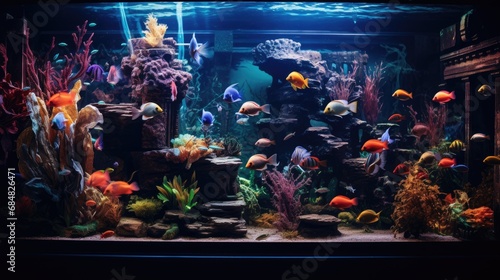 A bustling and colorful home aquarium full of life, featuring a diverse array of fish and coral species creating a vivid underwater landscape. © Antonio