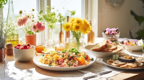 A bright and inviting breakfast table with a variety of dishes and fresh flowers, offering a colorful salad, fruits, toast, and refreshing beverages in a sunny, plant-filled room.