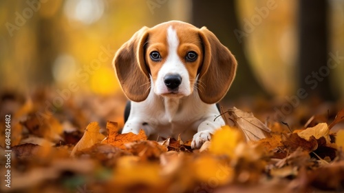 An adorable beagle puppy lies among autumn leaves in the forest, with its big brown eyes and floppy ears capturing the essence of autumnal joy and playfulness. © Antonio