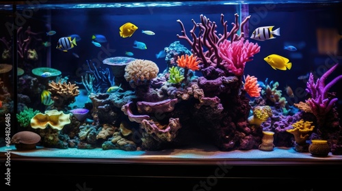 A serene aquarium scene with vibrant tropical fish swimming among colorful coral reefs, showcasing an underwater world of beauty and diversity.