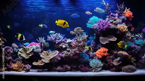 A serene aquarium scene with a variety of tropical fish, including yellow tangs and a Moorish idol, swimming among a diverse array of vibrant corals and sea life. © Antonio