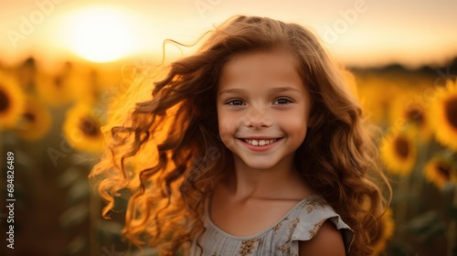 A radiant young girl with flowing curly hair is illuminated by the soft light of the setting sun, standing in a sunflower field during the magic hour.