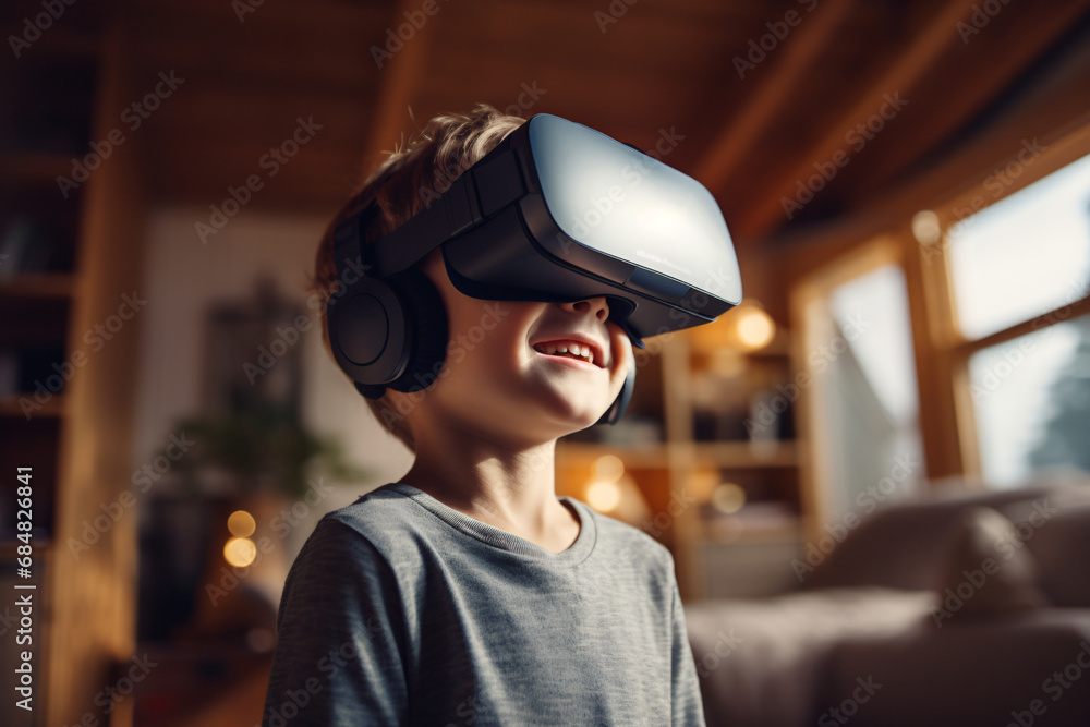A young boy interacting with technology, using virtual reality with a VR headset at home A young boy interacting with technology, using virtual reality with a VR headset at home