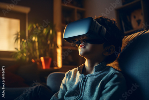 A young boy interacting with technology, using virtual reality with a VR headset at home 