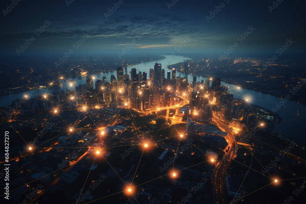 A smart city, a dynamic city seen from above with different lines symbolizing connectivity, mobility, innovation, or the internet