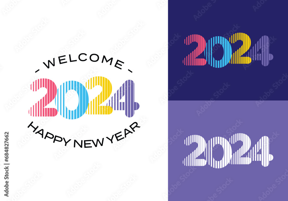 2024 number text happy new year vertical stripes line colorful vector design template