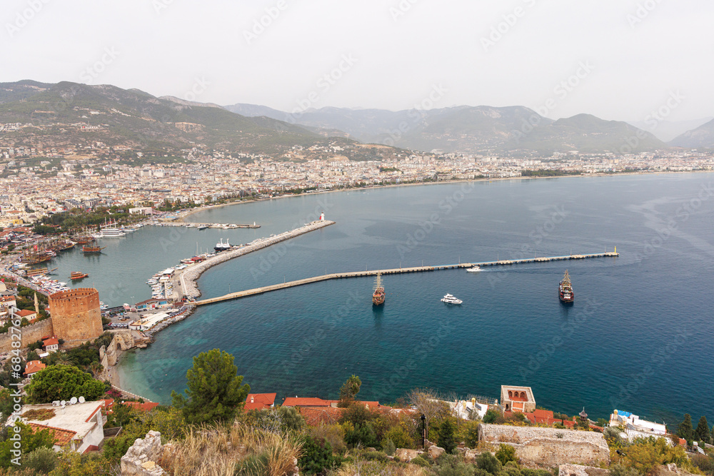 Wide panoramic view of Alanya from above.