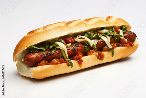 A Moroccan merguez sausage sandwich side view isolated on white background  photo