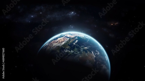 Stunning view of the blue planet earth with oceans and continents from starry outer space galaxy universe. Solar system. The concept of environmental conservation the future of humanity and space