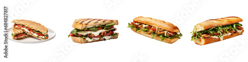 Set of different sandwiches such as Italian Caprese panini, Italian porchetta sandwich