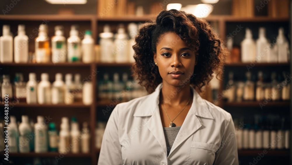 African American female pharmacist with pharmacy background African American female pharmacist with pharmacy background