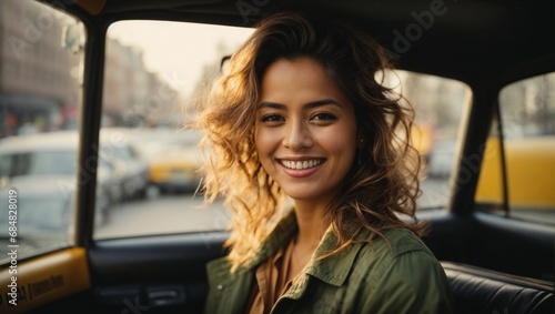 happy smiling female taxi passenger © Anton