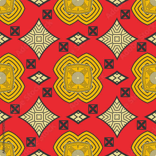 Original seamless pattern with decorative elements on a red background. Vintage palette. Vector illustration
