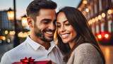 Close up of a beautiful happy couple in love holding a romantic gift with a blurred city travel background