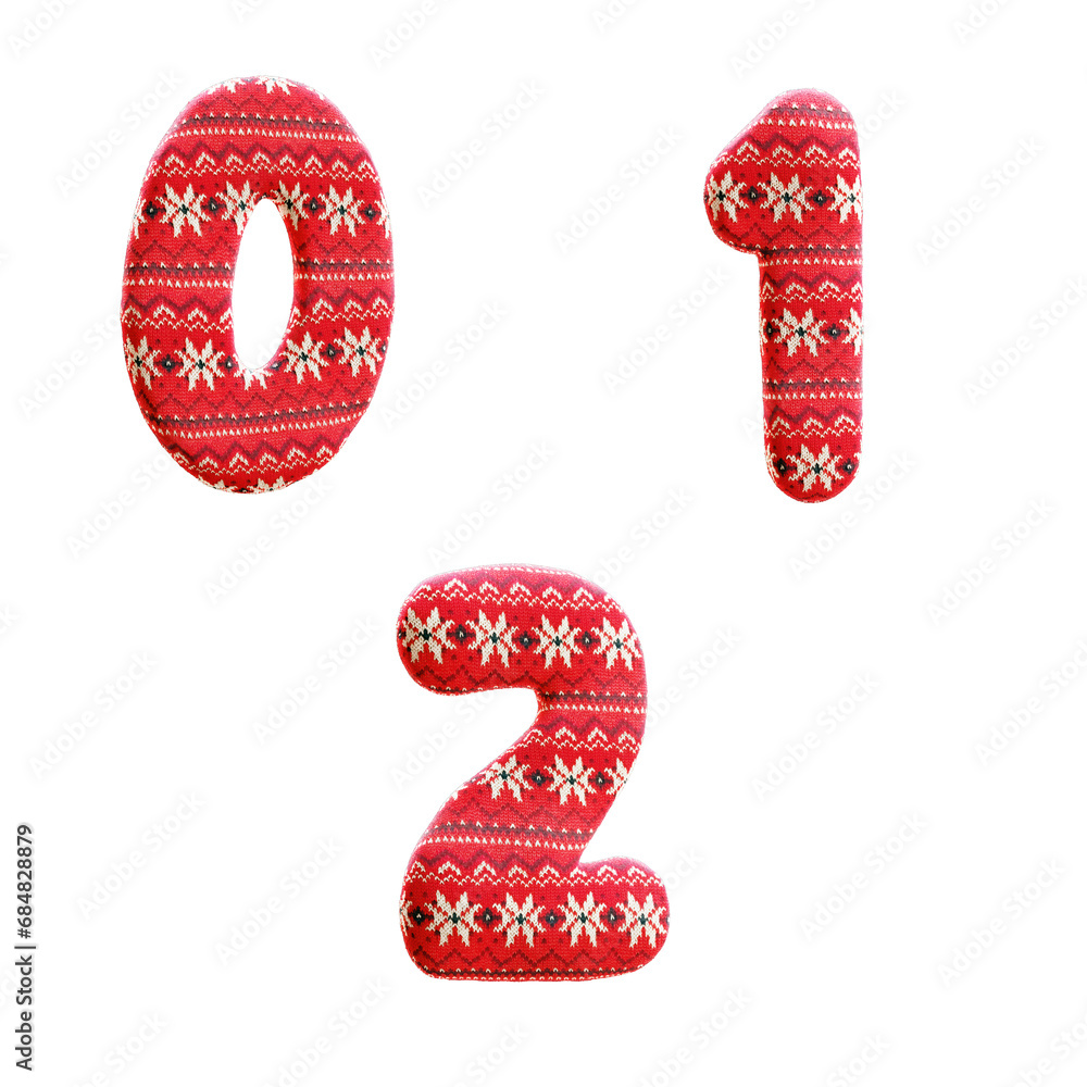 3D rendering of Knitted christmas fabric alphabet - digits 0-2 3D rendering of Knitted christmas fabric alphabet - digits 0-2