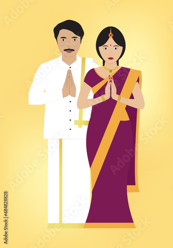 south Indian couples with traditional attires Dhoti and saree welcome