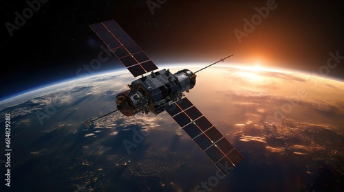 Space satellite with solar panels and antenna orbiting the earth. Global science communication system. World Wide Web. A satellite or spaceship or spacecraft in orbit transmits a signal to the planet