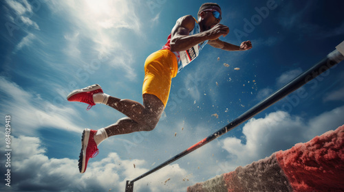 High jumper clearing bar dramatically impressive form vibrant field photo