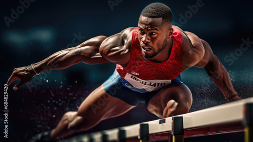Hurdler mid-leap clearing barrier with precision vibrant hurdles photo