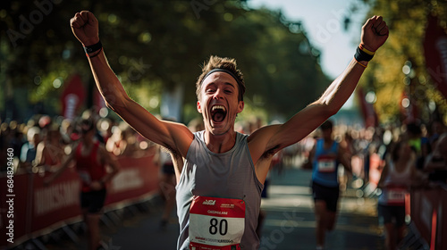Marathon runner crossing finish exhaustion and elation