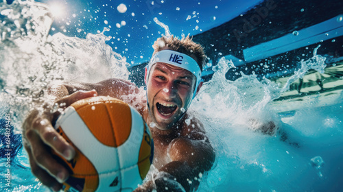 Intense water polo match fierce tussle for ball vibrant pool photo