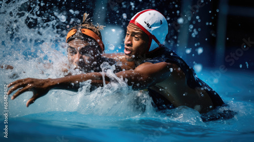 Intense water polo match fierce tussle for ball vibrant pool