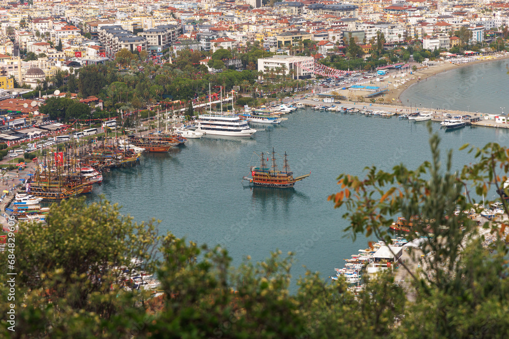 Pirate tourist ship anchored in Alanya bay, Turkey.