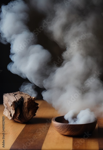 A wooden bowl, beautiful forms of smoke floating in the darkness, next to it lies a sliver, a piece, a stump, and all this on a wooden table. Vertical photography