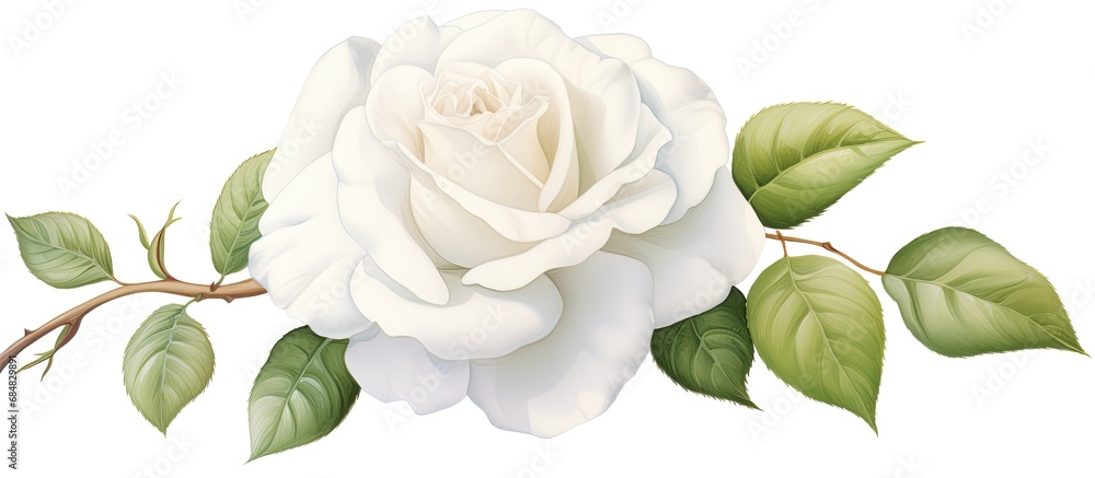 In a vibrant illustration, a solitary white rose delicately isolated against a white background embodies the beauty of nature in summer, serving as a gift of love and light. This floral marvel