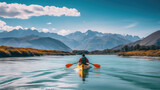Kayaking journey river distant mountains