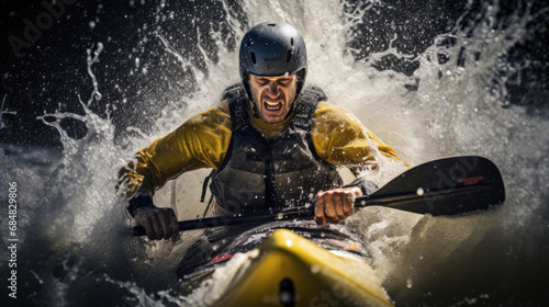 Exciting canoeist tackling whitewater rapids photo