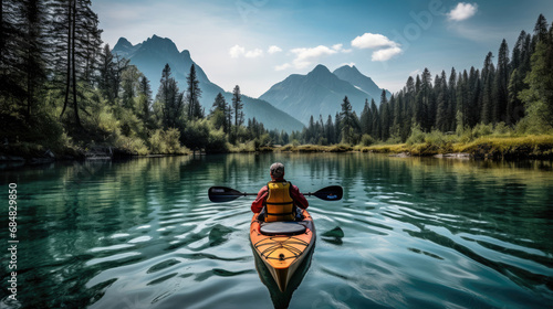 Kayaking journey river distant mountains photo