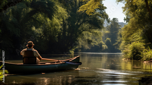 Canoeist by tranquil river serene