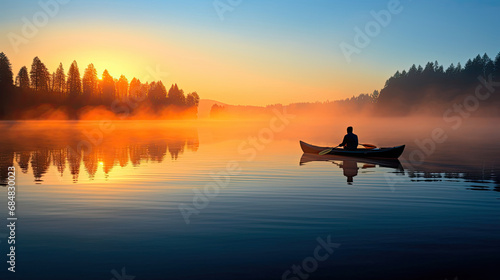 Kayaker in mist-covered lake sunrise