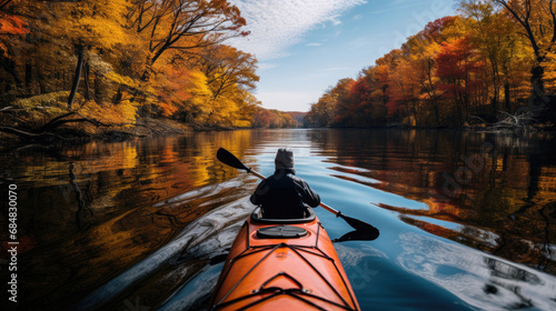 Kayaker exploring calm river with vibrant autumn foliage