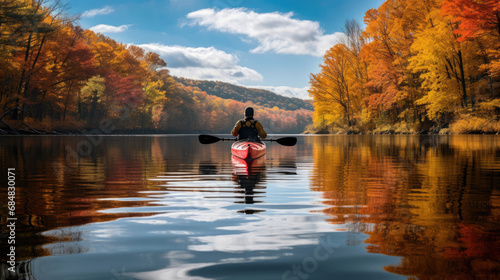 Kayaker exploring calm river with vibrant autumn foliage
