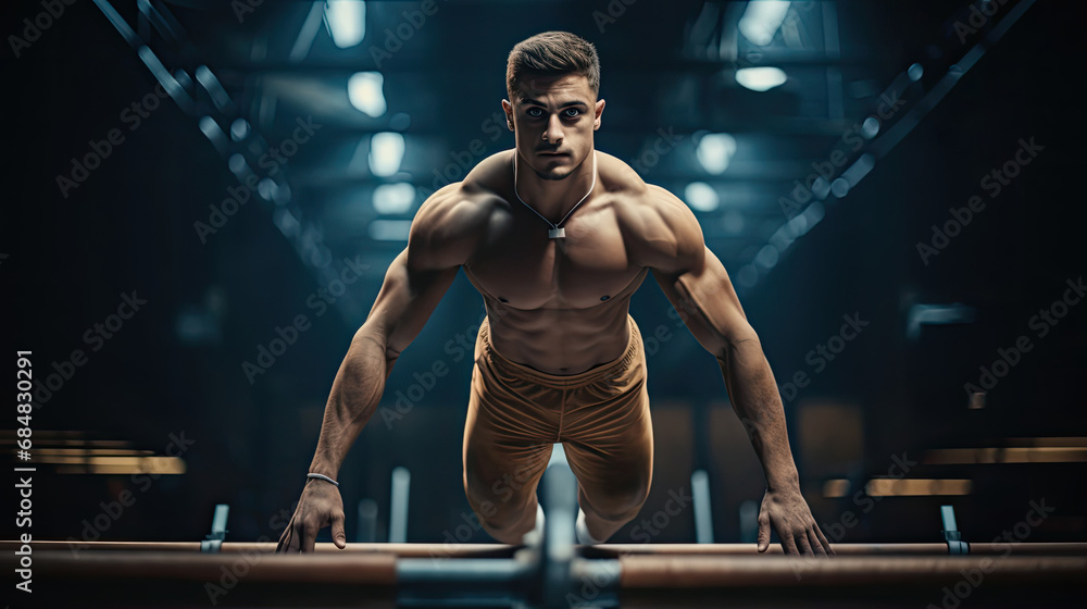 Gymnast executes rapid pirouettes on parallel bars Gymnast executes rapid pirouettes on parallel bars
