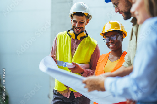Team of civil engineer manager, maintenance supervisor, professional technician foreman together with safety operator inspect and discuss the infrastructure of building construction progress at site